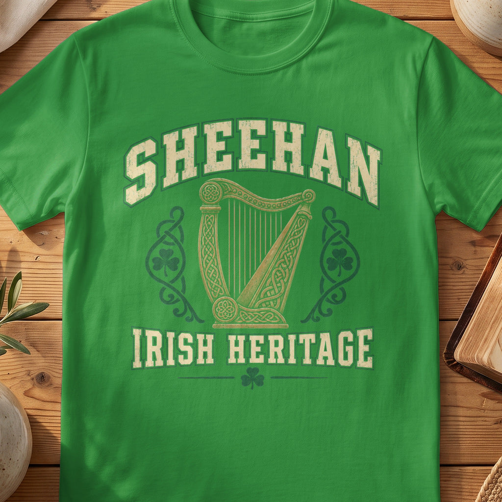Sheehan Irish Heritage Irish Green Gildan 64000 T-shirt with Celtic harp design