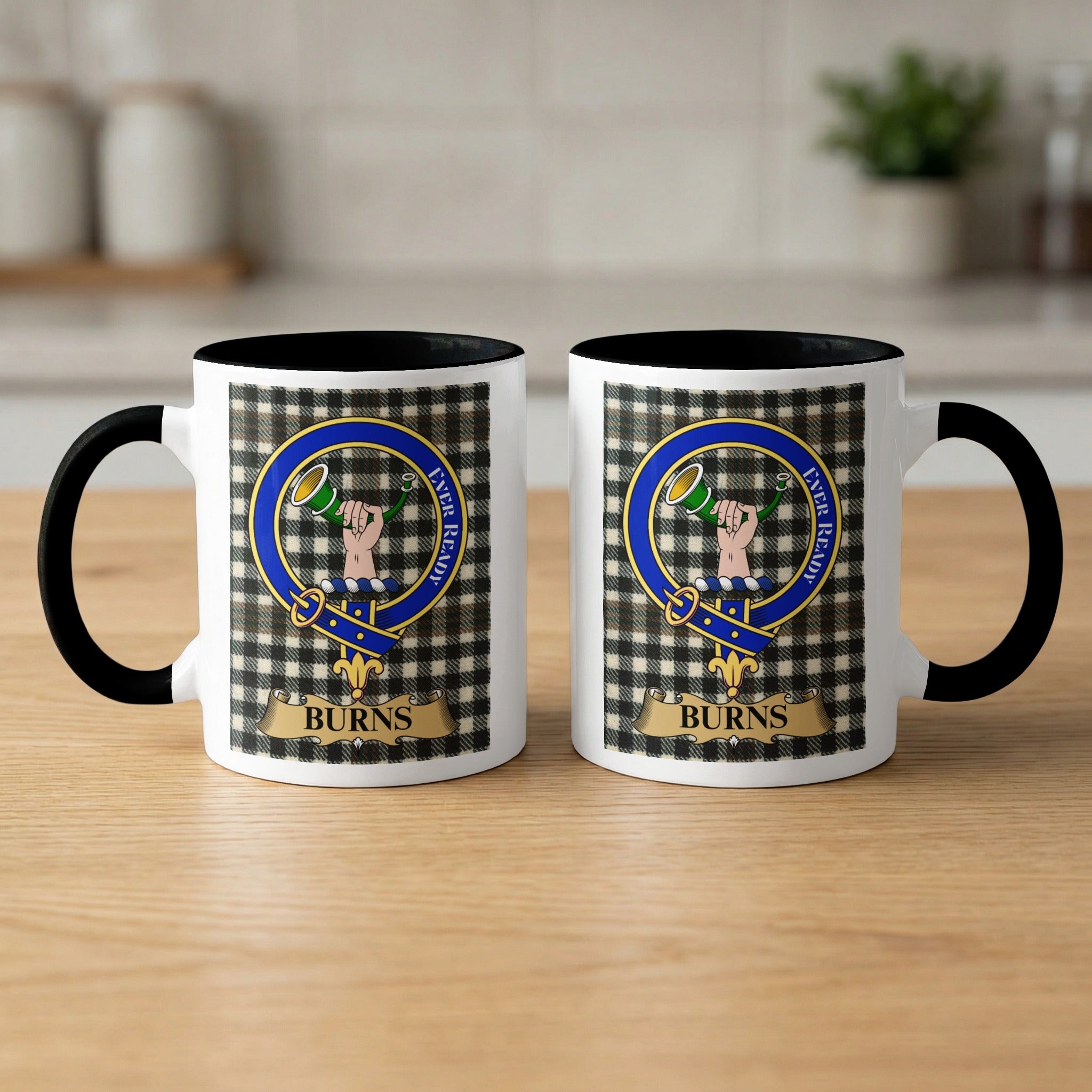 Burns clan tartan mugs front and back — black accent handles, crest design