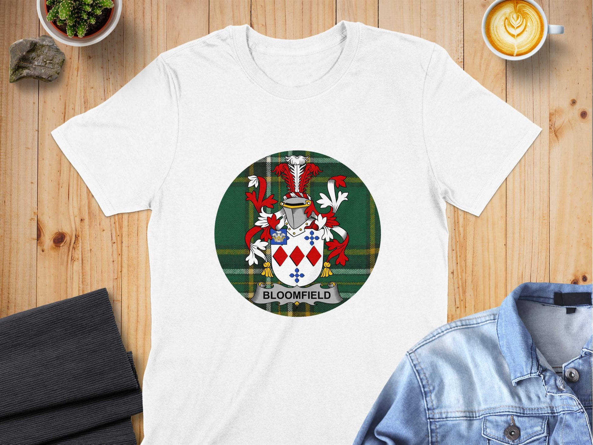 Bloomfield Family Crest Tartan Background T-Shirt - Living Stone Gifts