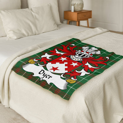 Dyer Coat of Arms on Welsh National Tartan Background Blanket - Living Stone Gifts