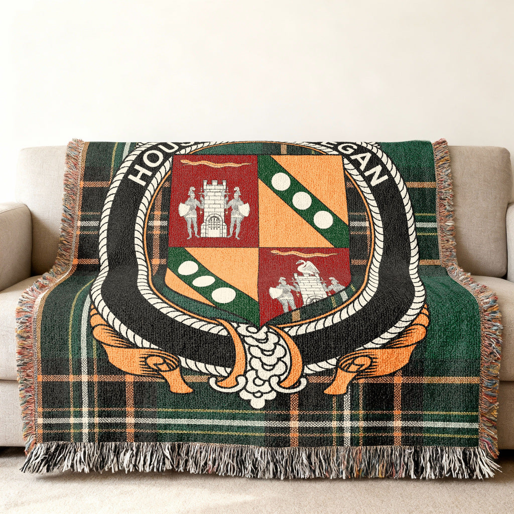 MacEgan Irish National Tartan woven blanket displayed on a sofa