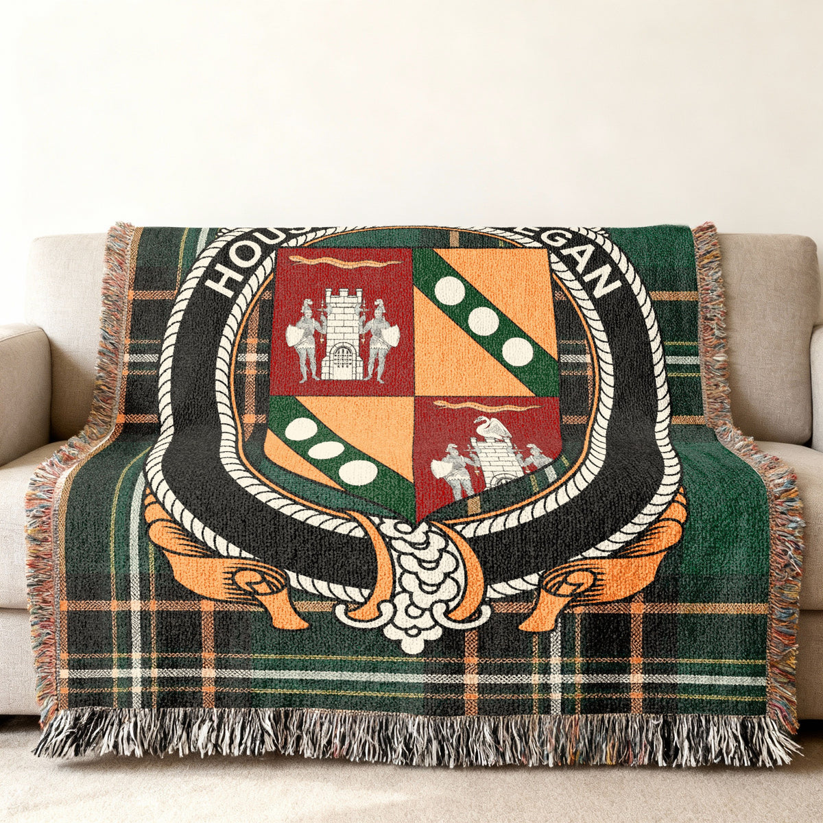 MacEgan Irish National Tartan woven blanket displayed on a sofa