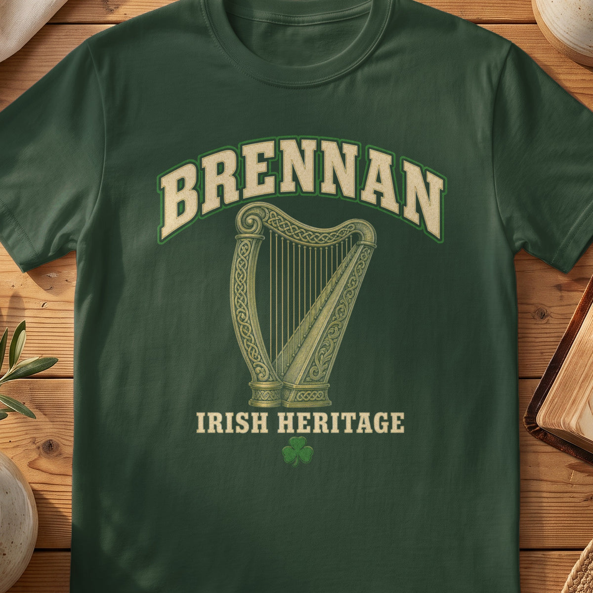 Brennan Irish harp T-shirt in Forest Green, with cream surname lettering, a gold-toned harp, green shamrock and “Irish Heritage” text.