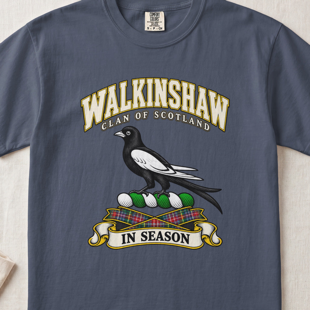 Walkinshaw Scottish clan T-shirt in Midnight, front view with a black and white magpie and motto design.
