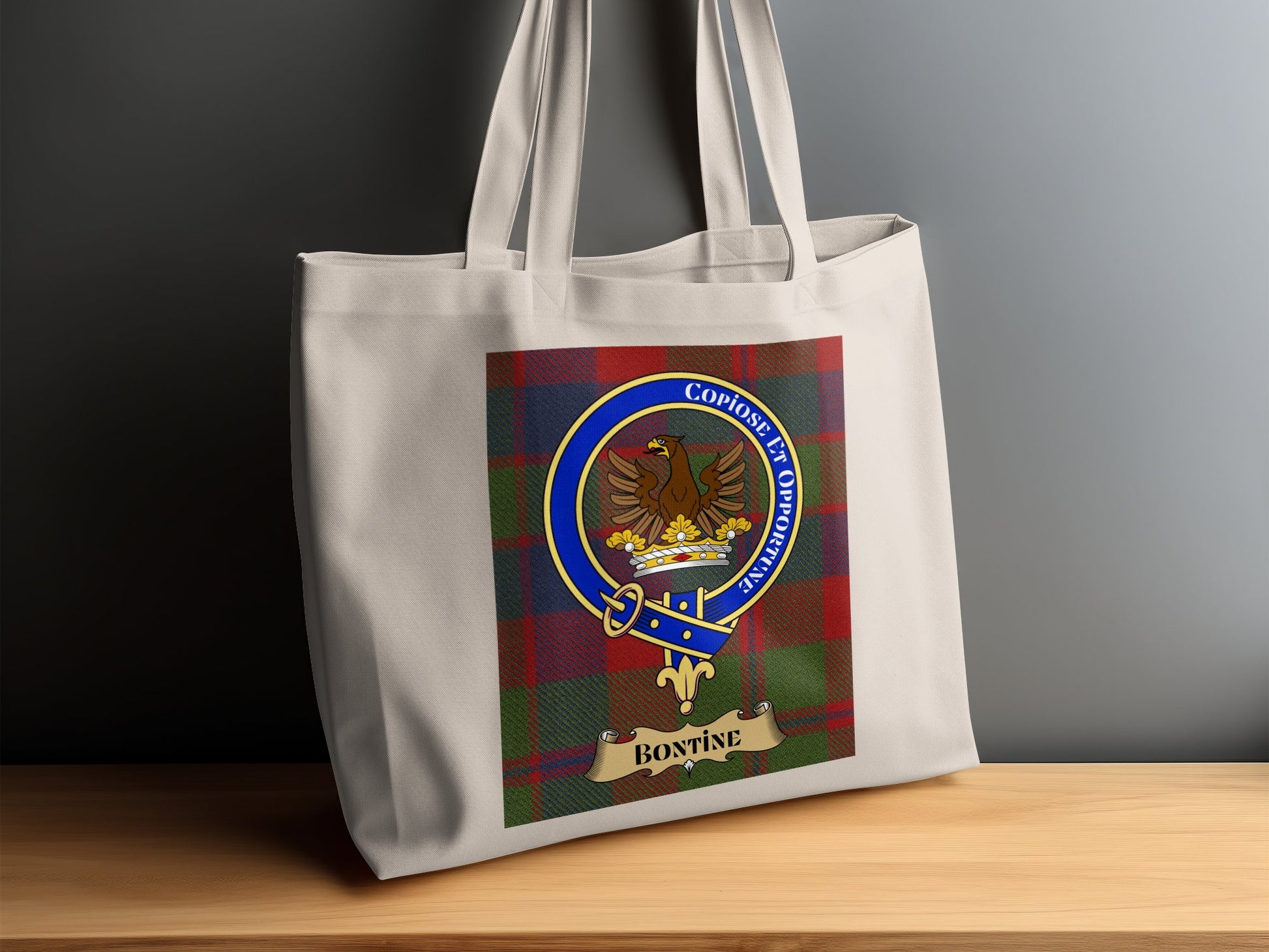 Bontine Clan Crest on Tartan Background Tote Bag - Living Stone Gifts