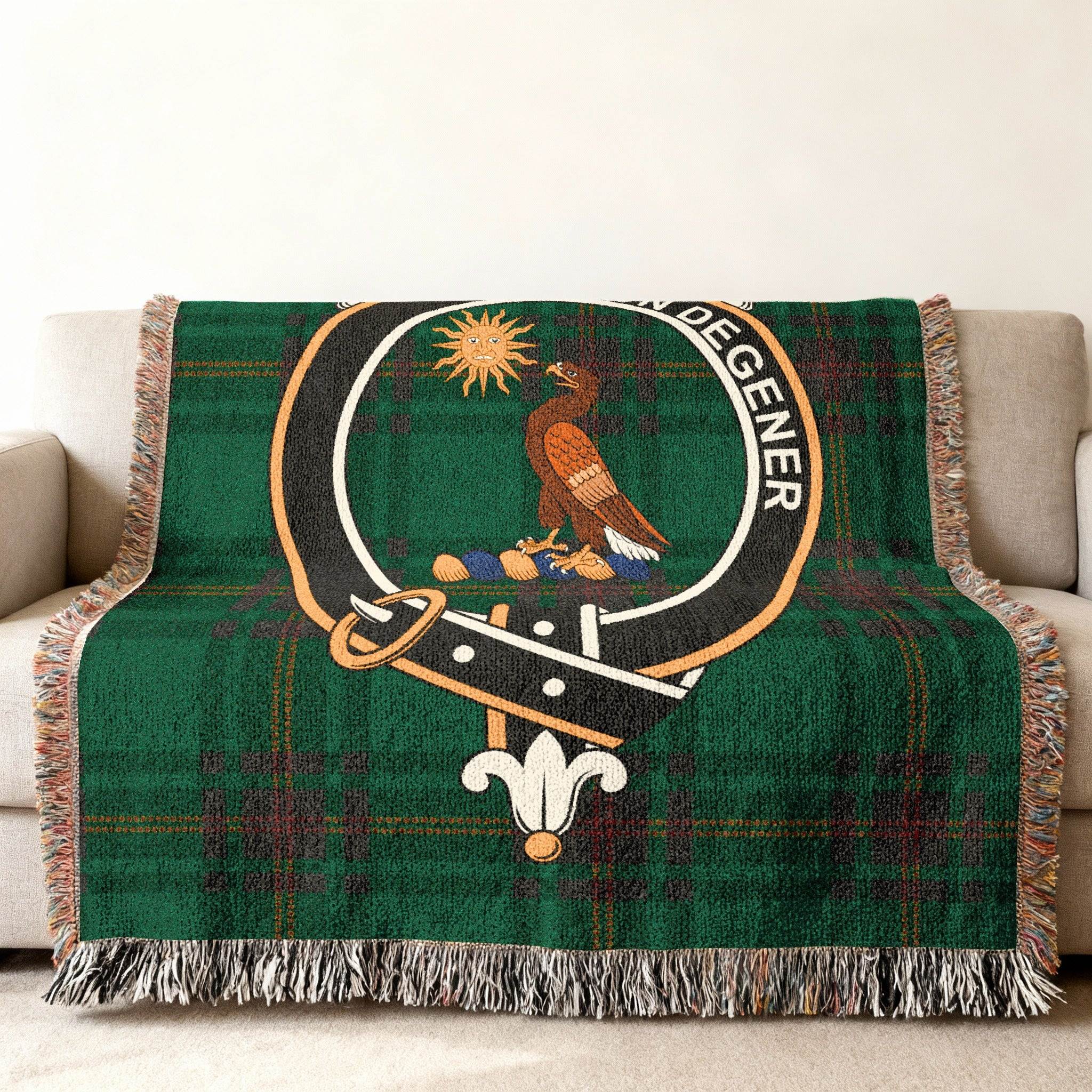 Green Plaid Crest Blanket with Tassels Unique Fringe Decor