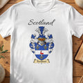 White Davidson Scottish family shield T-shirt featuring a blue shield with gold motifs and a white band