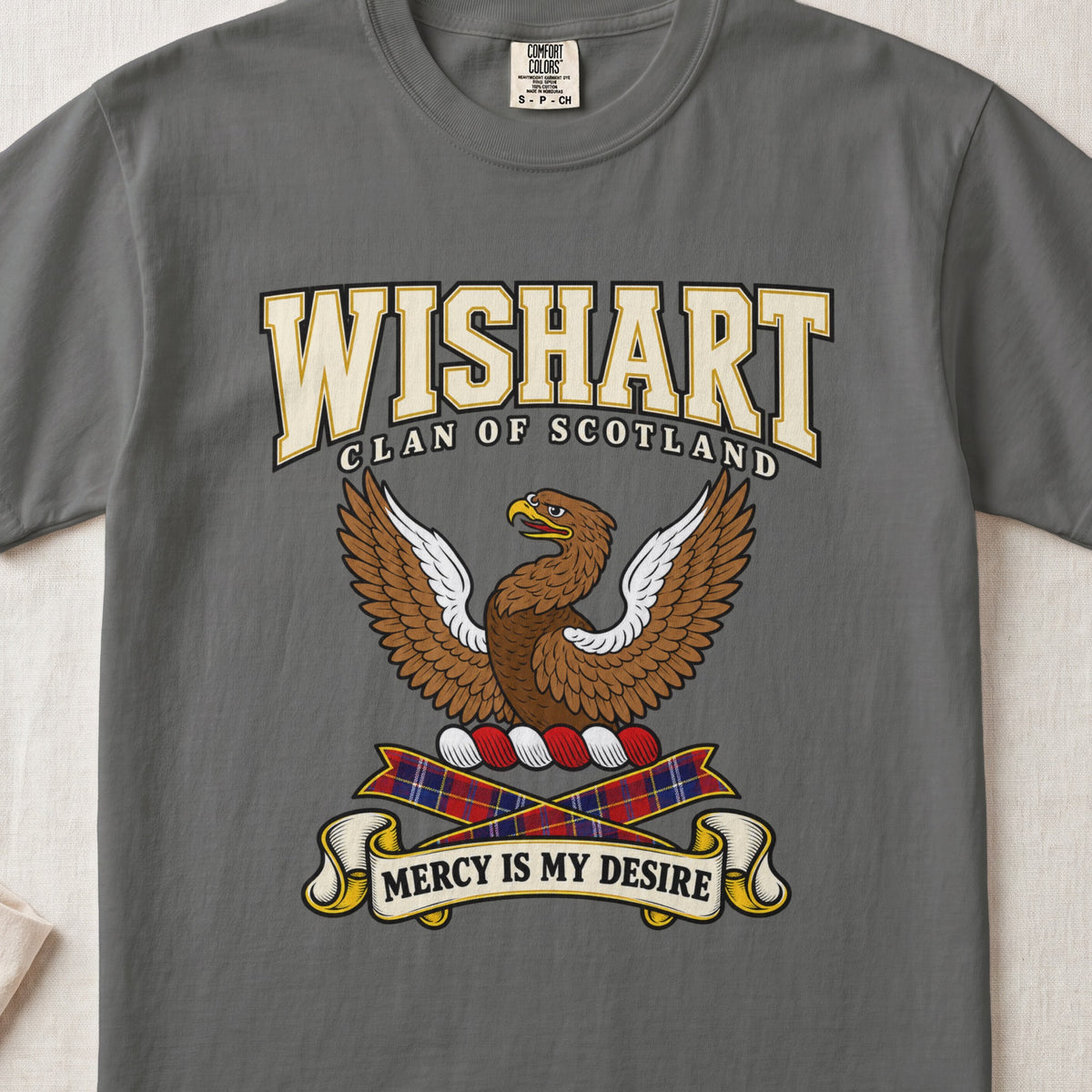 Wishart Scottish clan graphic T-shirt in Pepper, front view