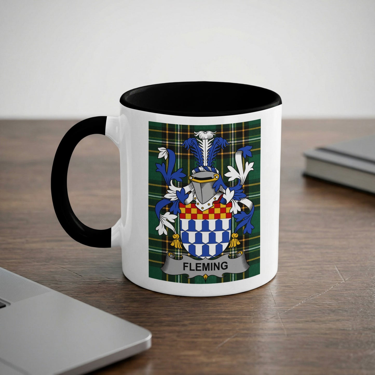 White mug with black rim featuring the Fleming coat of arms.
