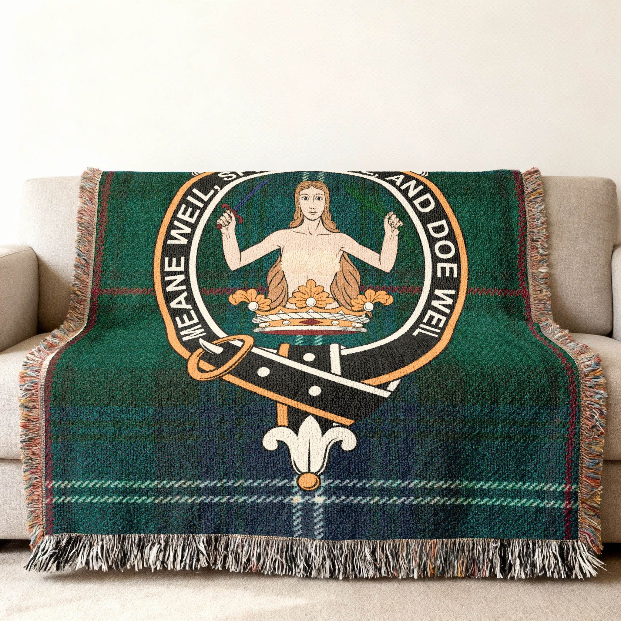 Clan Urquhart meane weil speake weil doe weil woven blanket — sofa display
