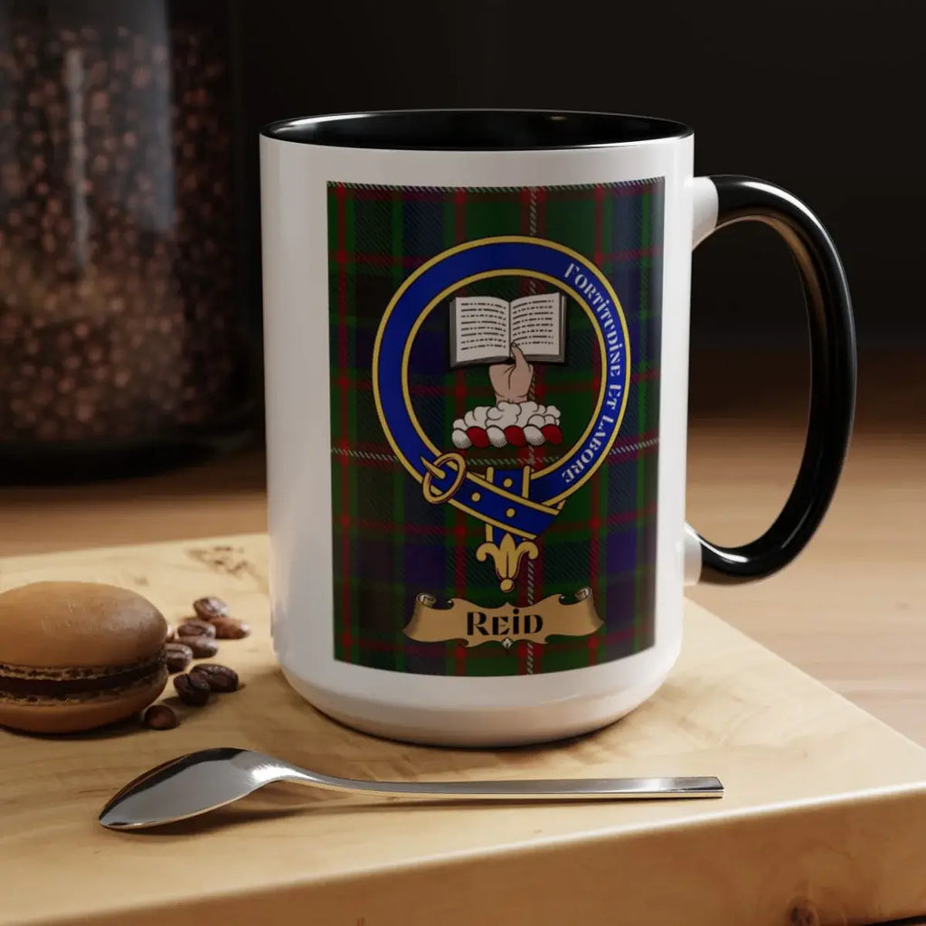 Close-up of the Reid clan crest printed on a ceramic mug