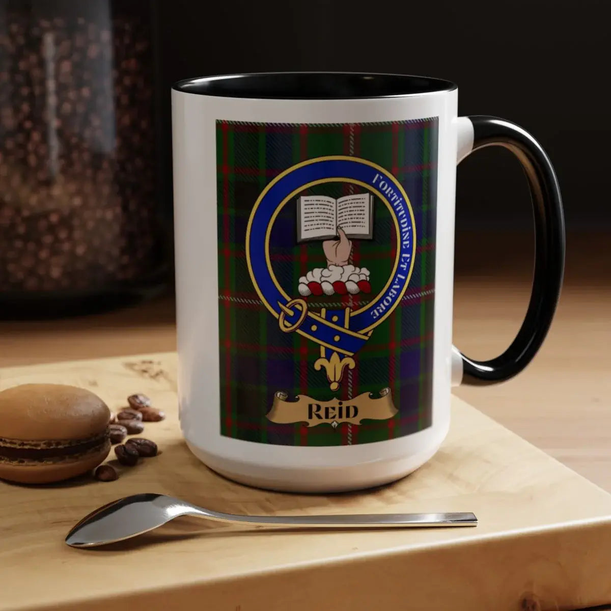 Close-up of the Reid clan crest printed on a ceramic mug