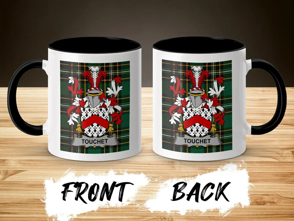 Touchet family crest on a black and white ceramic mug, front and back view.
