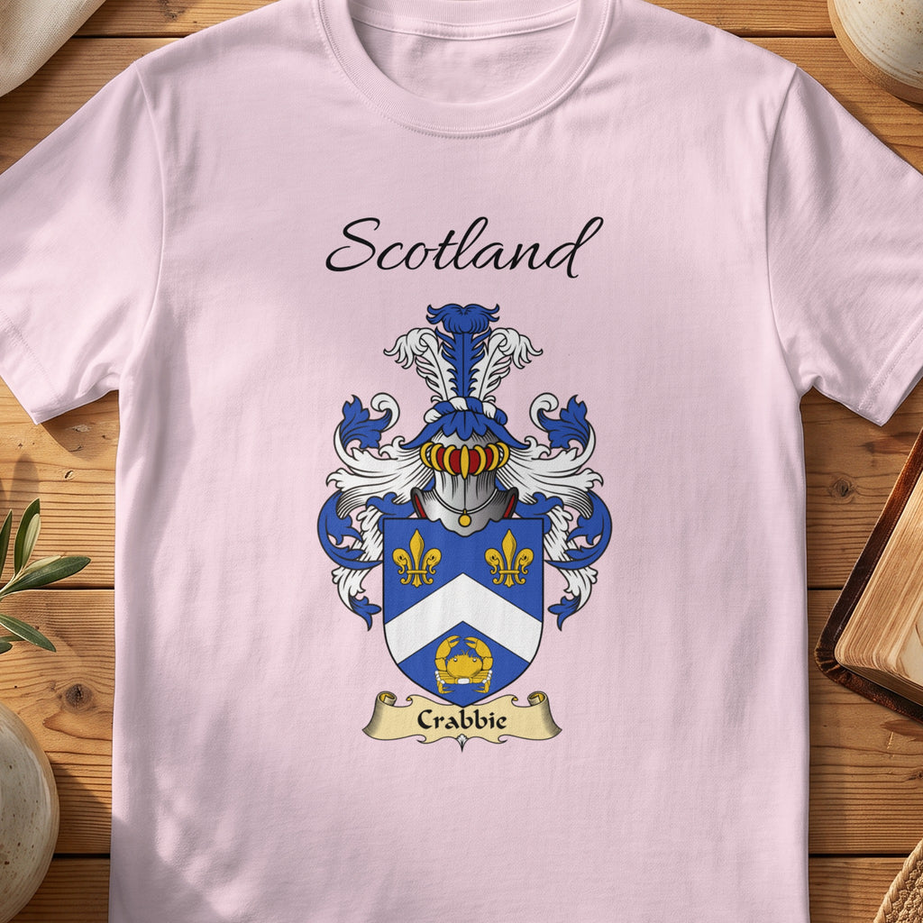 Light Pink Crabbie Scottish family shield T-shirt featuring a white chevron and gold motifs on blue
