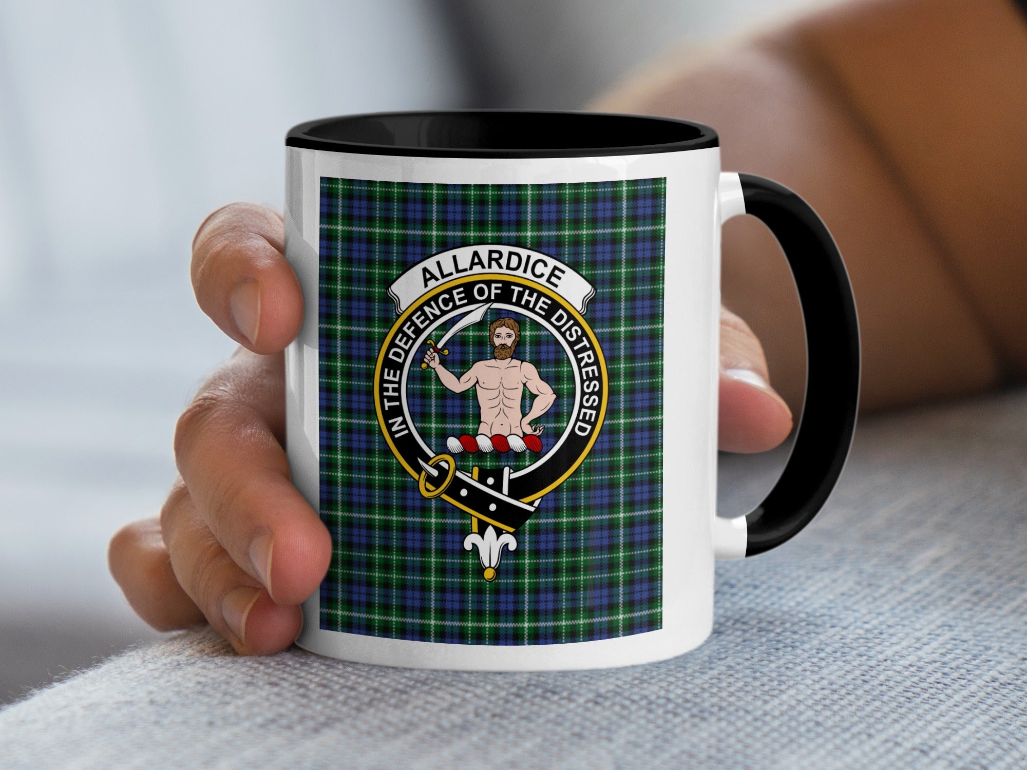 Allardice Scottish family crest artwork on an 11 oz black accent mug with a tartan background