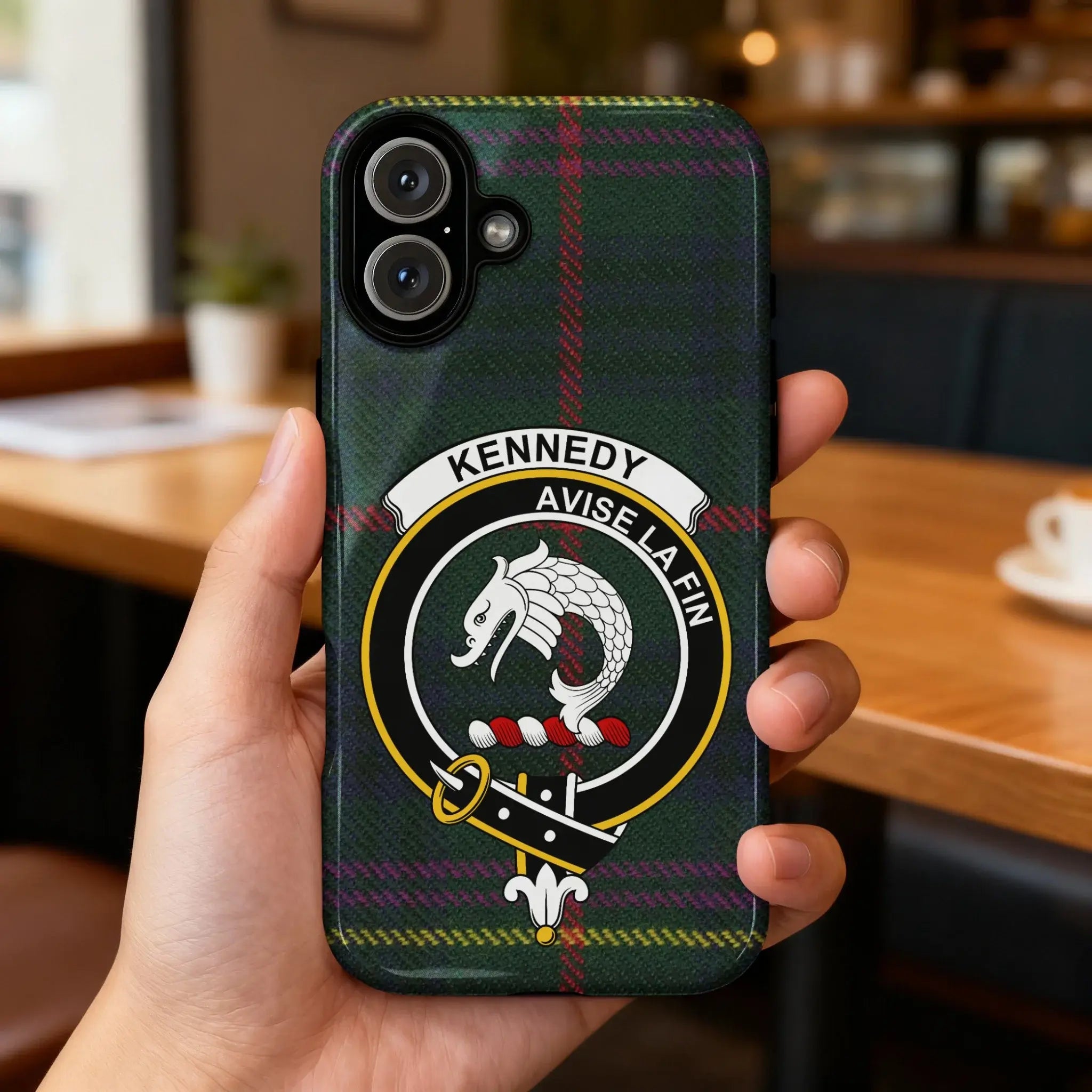 Kennedy clan crest tartan phone case — edge-to-edge plaid design with Avise La Fin motto