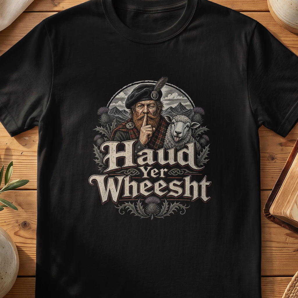 Black Gildan 64000 unisex T-shirt flatlay with Haud Yer Wheesht Scottish graphic design