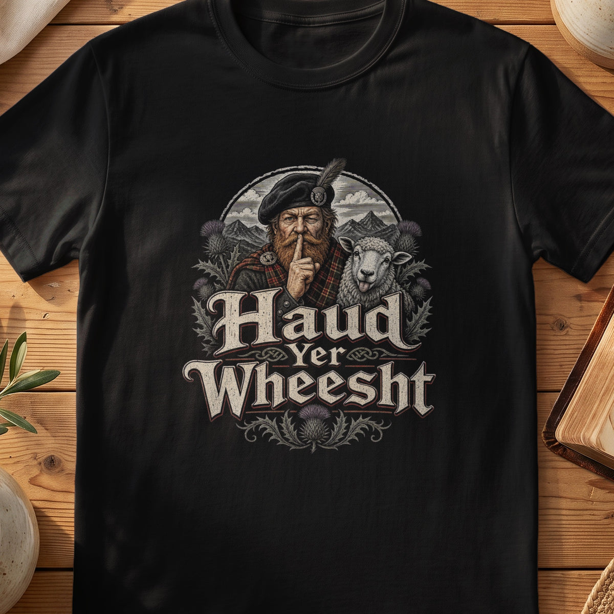 Black Gildan 64000 unisex T-shirt flatlay with Haud Yer Wheesht Scottish graphic design