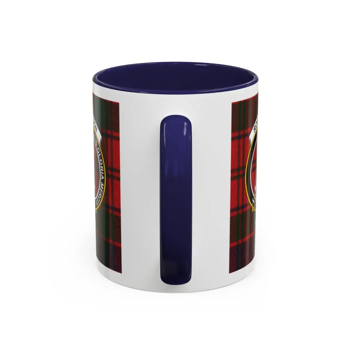 Clan Robertson Scottish tartan mug — close-up of red plaid with clan crest detail