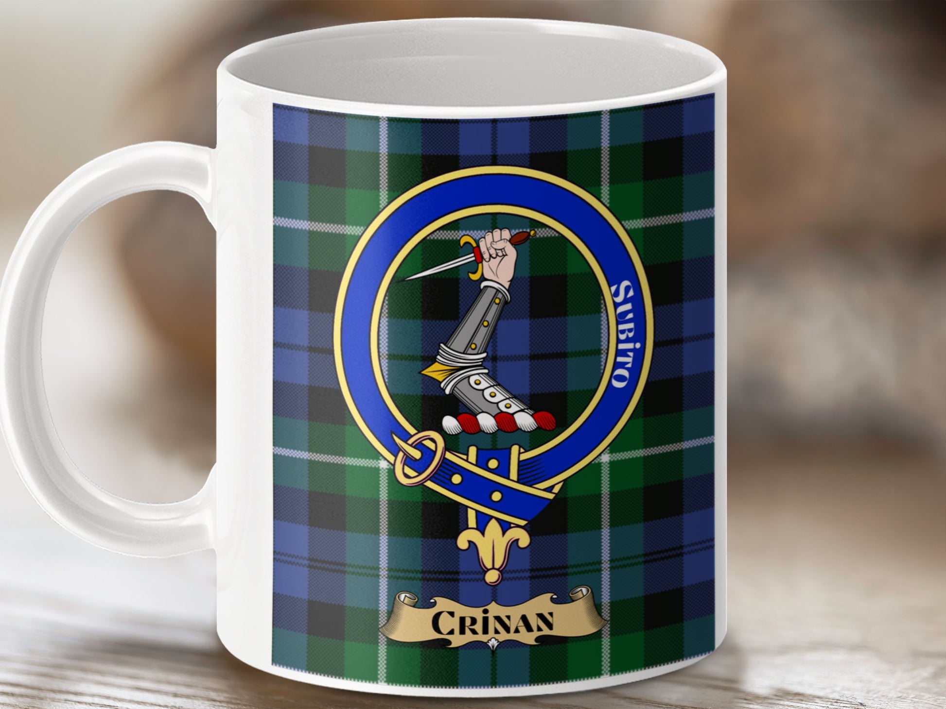 Clan Crinan Scottish Tartan Crest Pattern Coffee Mug - Living Stone Gifts