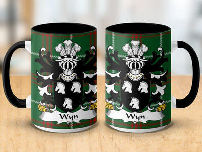 Wyn Family Crest on Welsh National Tartan Background Mug - Living Stone Gifts