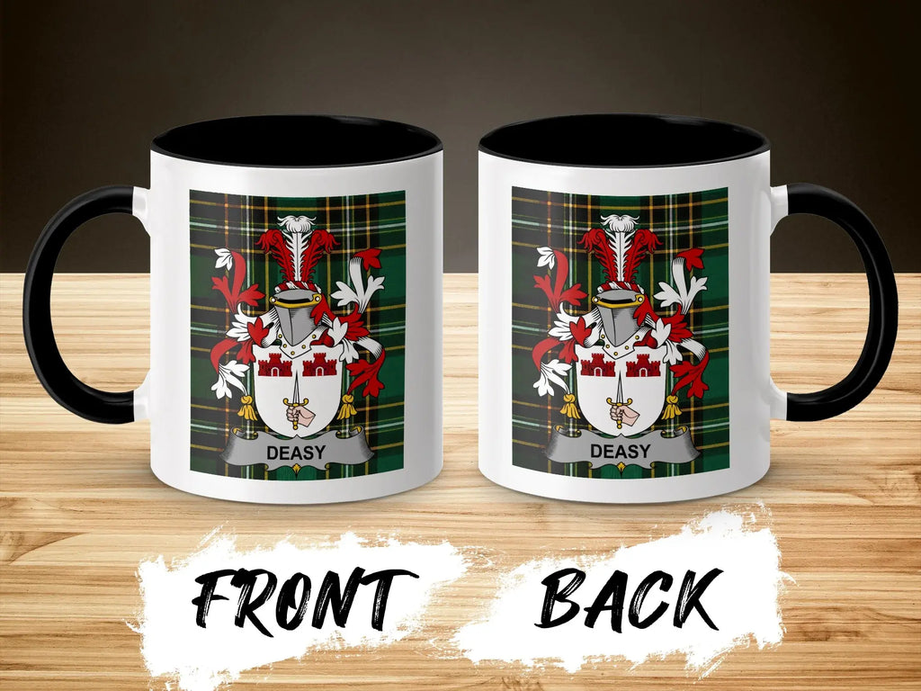Two white mugs with black rims, each displaying a coat of arms and the text "DEASY".