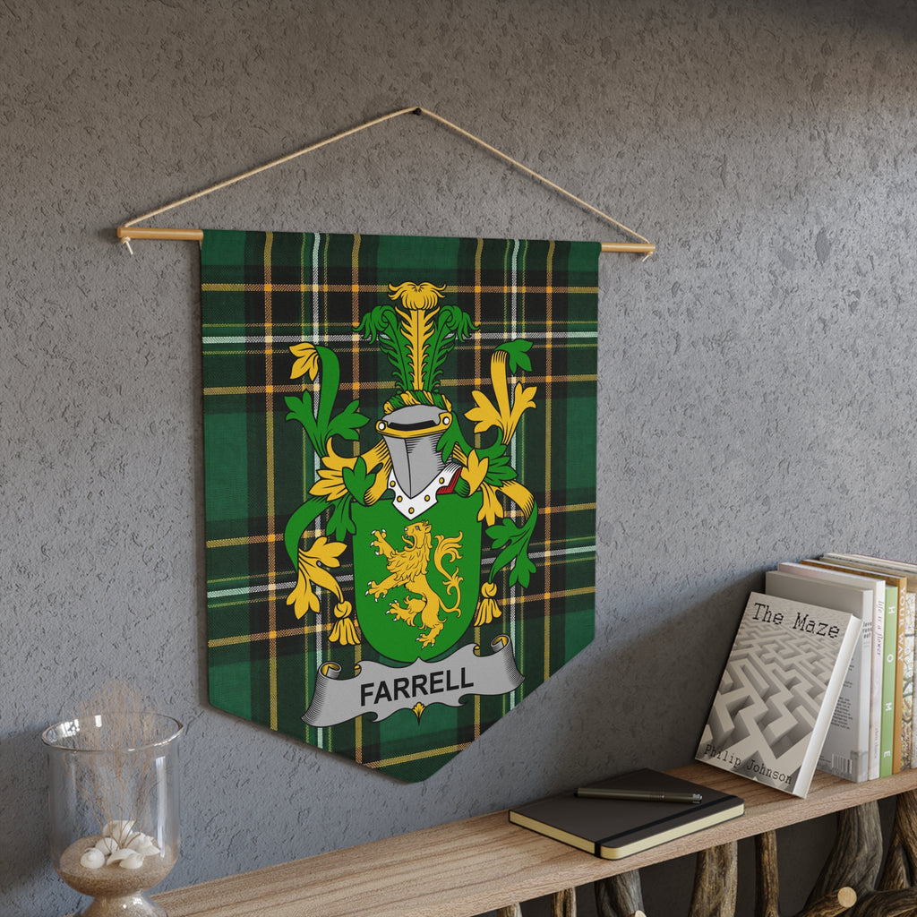 Green tartan pennant with the Farrell coat of arms and name.