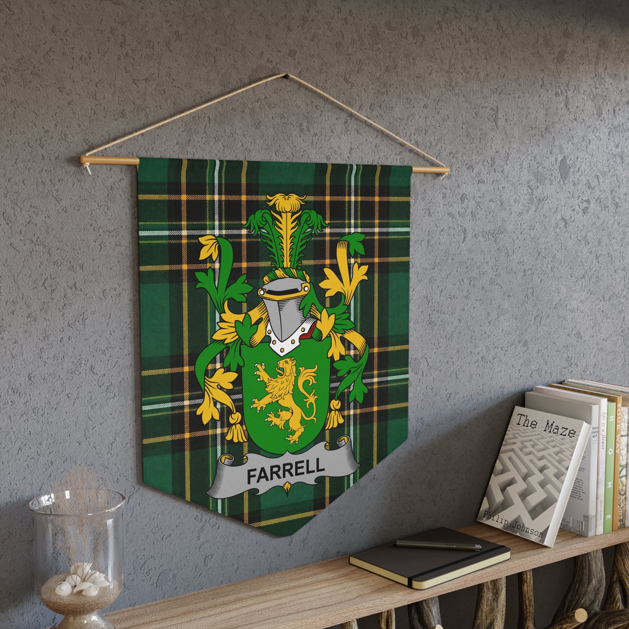 Green tartan pennant with the Farrell coat of arms and name.
