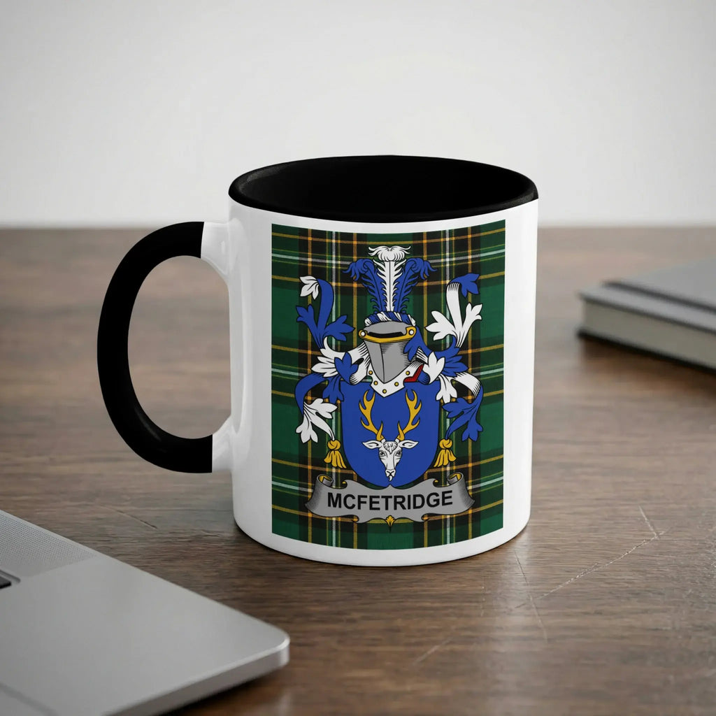 McFetridge Irish heritage mug with black handle and family crest