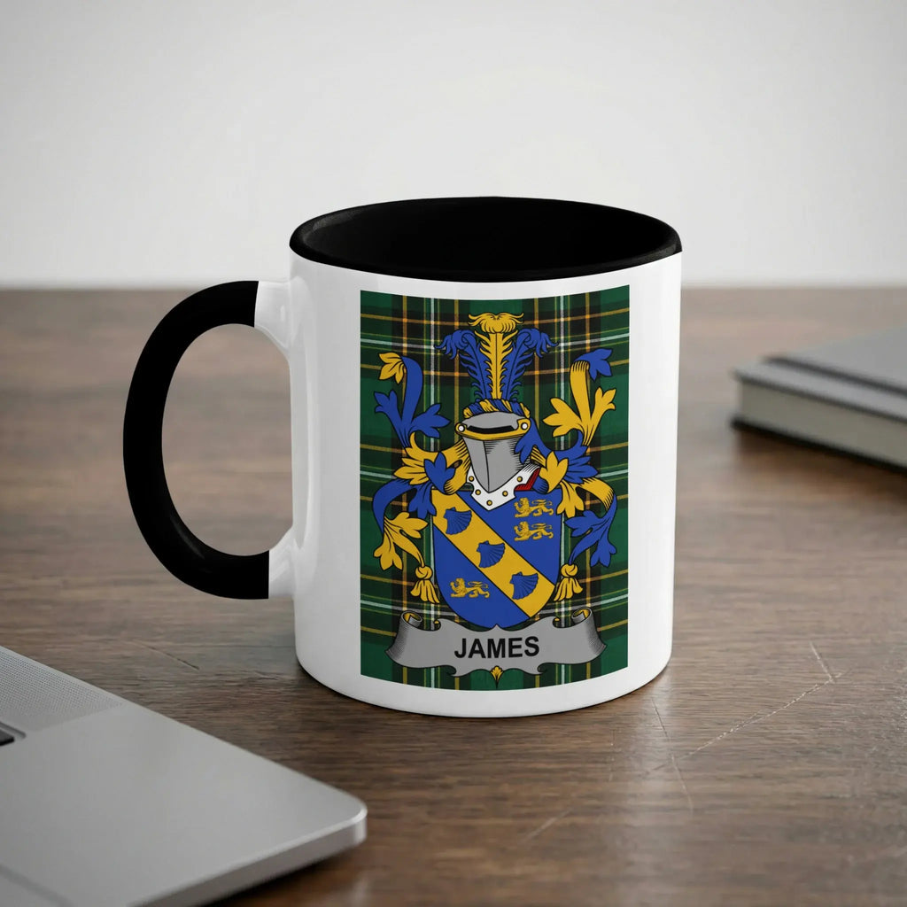 James Irish heritage mug with black handle and family crest