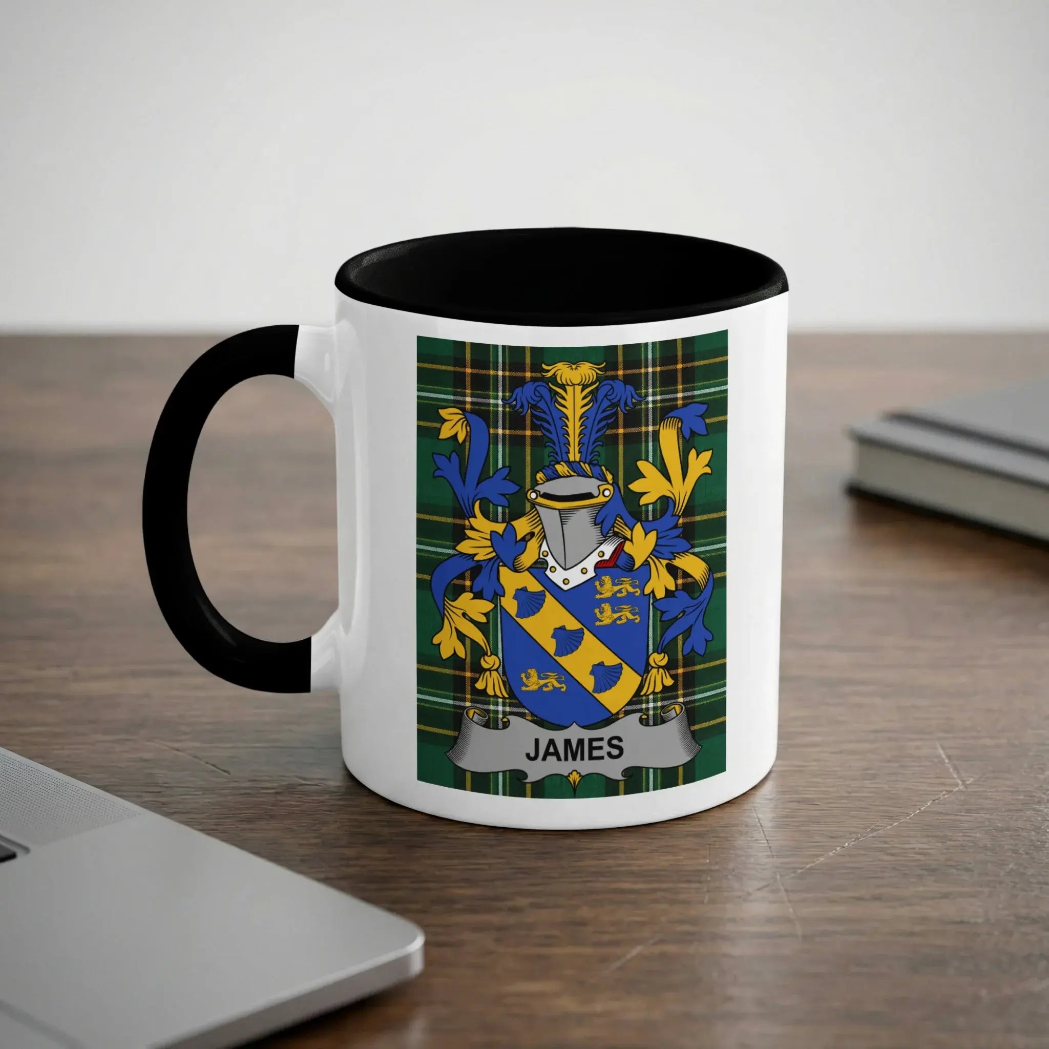 James Irish heritage mug with black handle and family crest