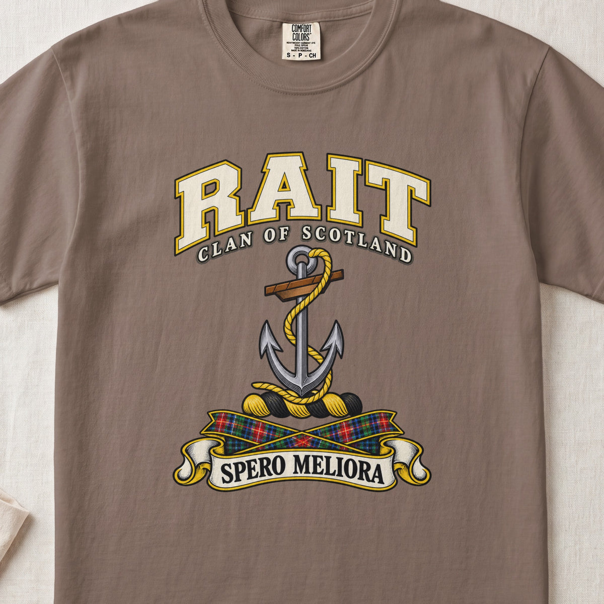 Rait Scottish clan T-shirt in Espresso, front view with an anchor with a coiled rope and motto banner.