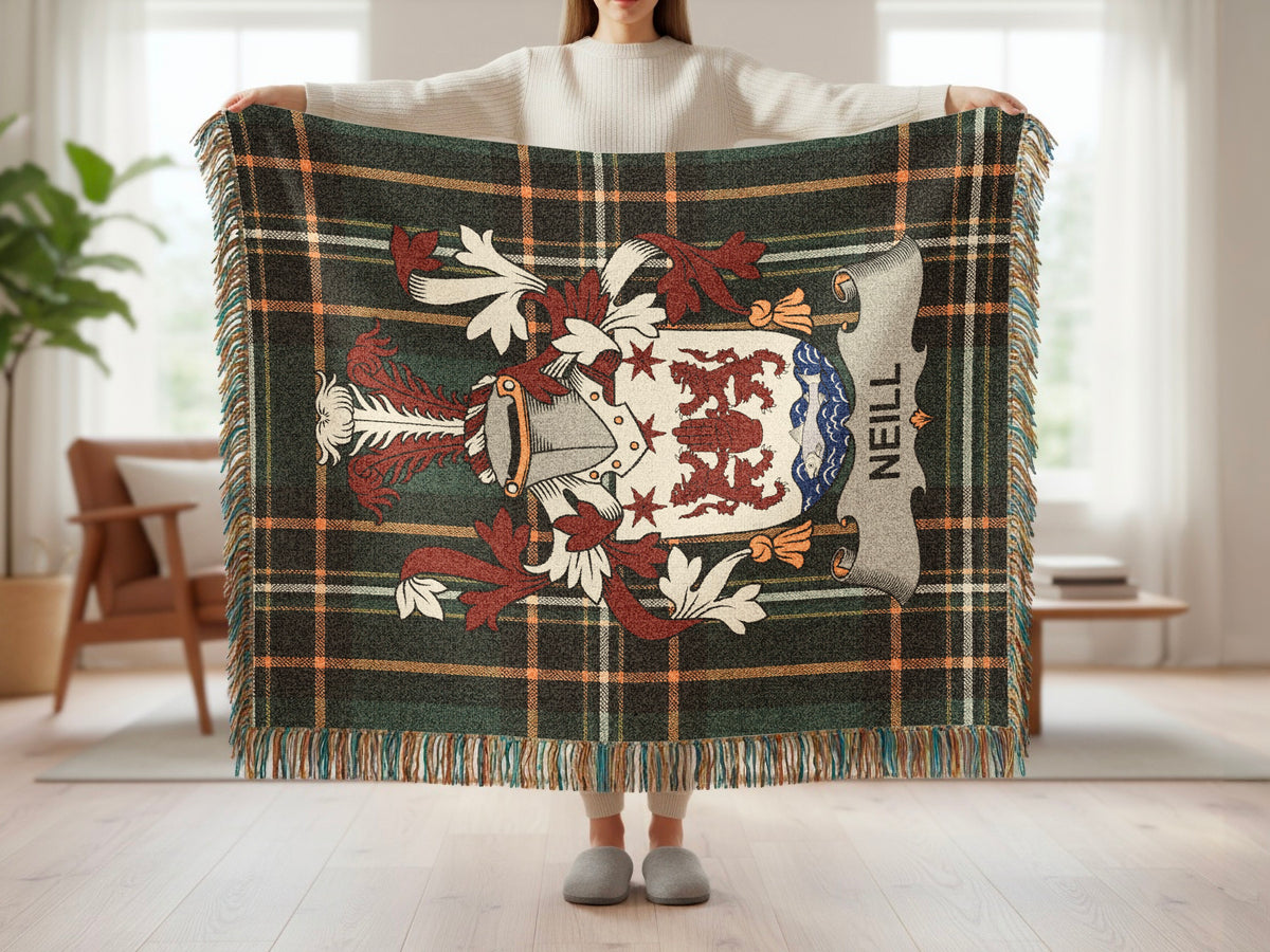Neill family crest heirloom woven blanket with decorative fringe