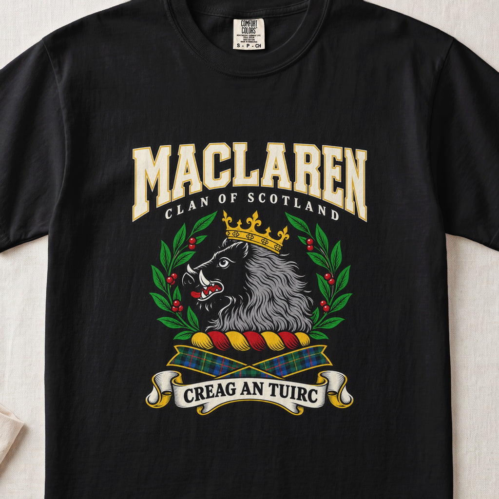 MacLaren graphic T-shirt in Black, front flat lay showing varsity lettering and crowned black and grey boar head with white tusks.