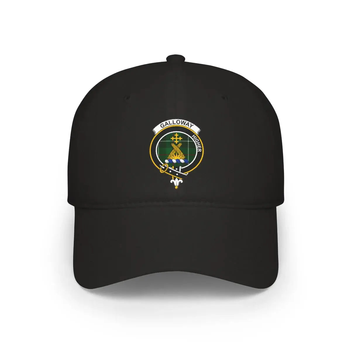 Clan Galloway crest printed baseball cap in black — low-profile cotton Scottish heritage cap