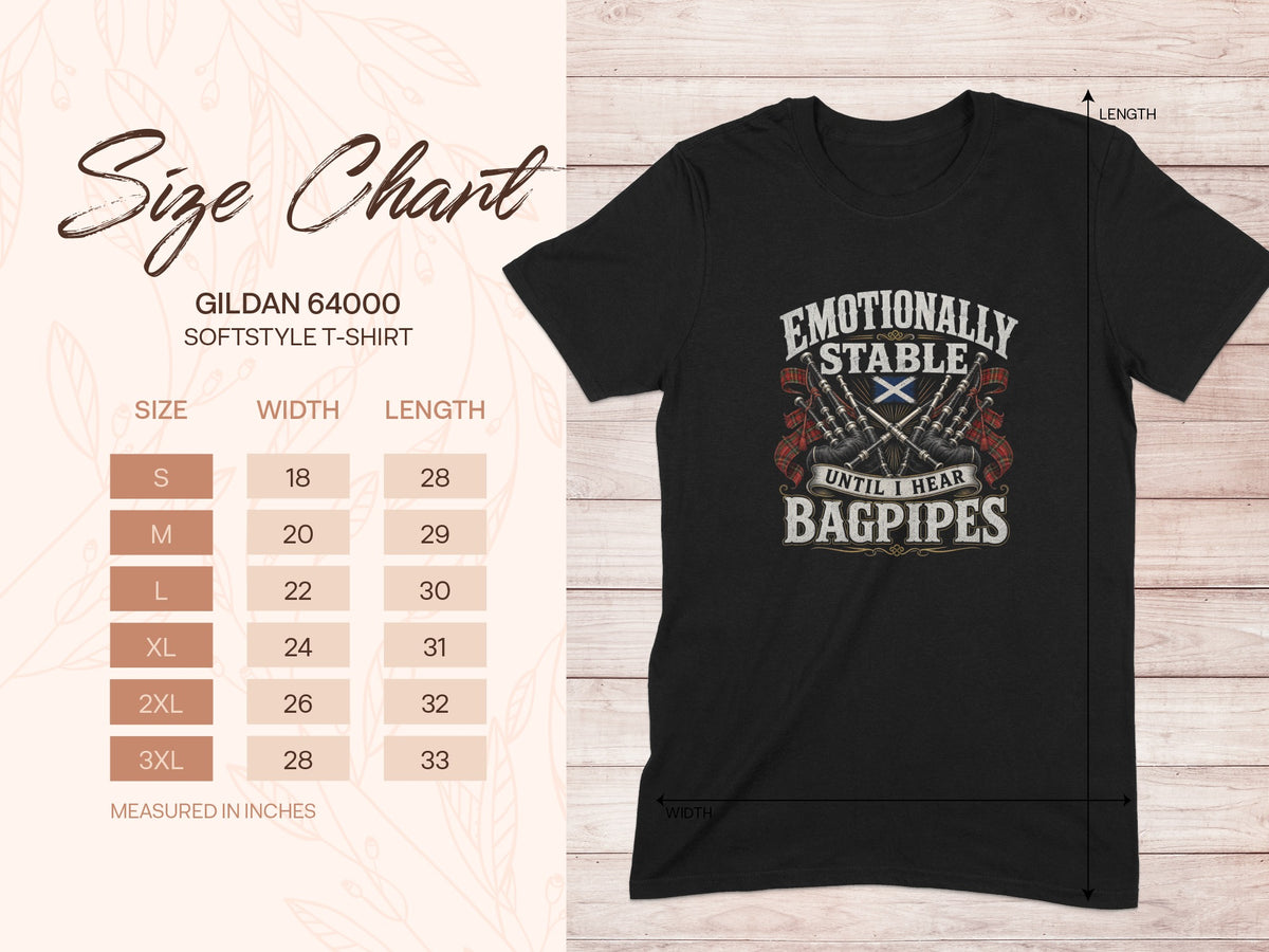 Black t-shirt size chart for Gildan 64000 Softstyle with bagpipe graphic.