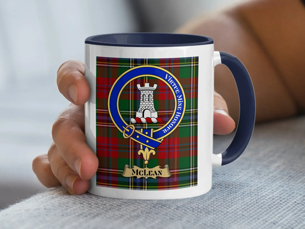 Blue and white mug with McClean tartan and clan crest.