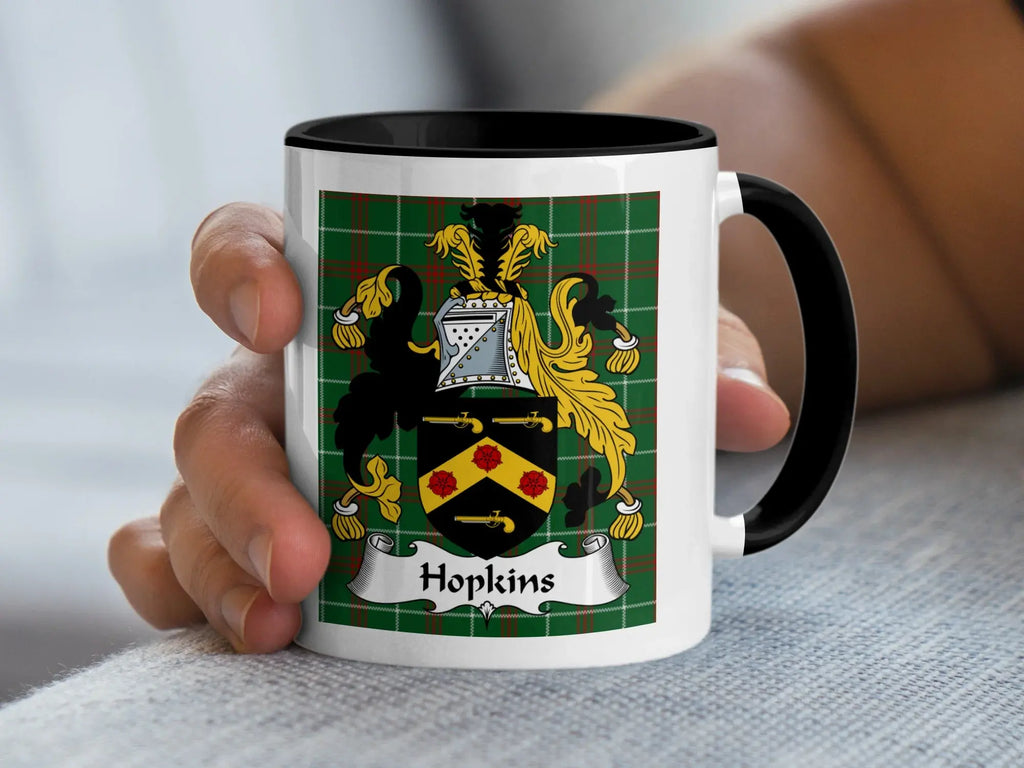 Hopkins Welsh coat of arms accent mug with black handle and Welsh National Tartan background