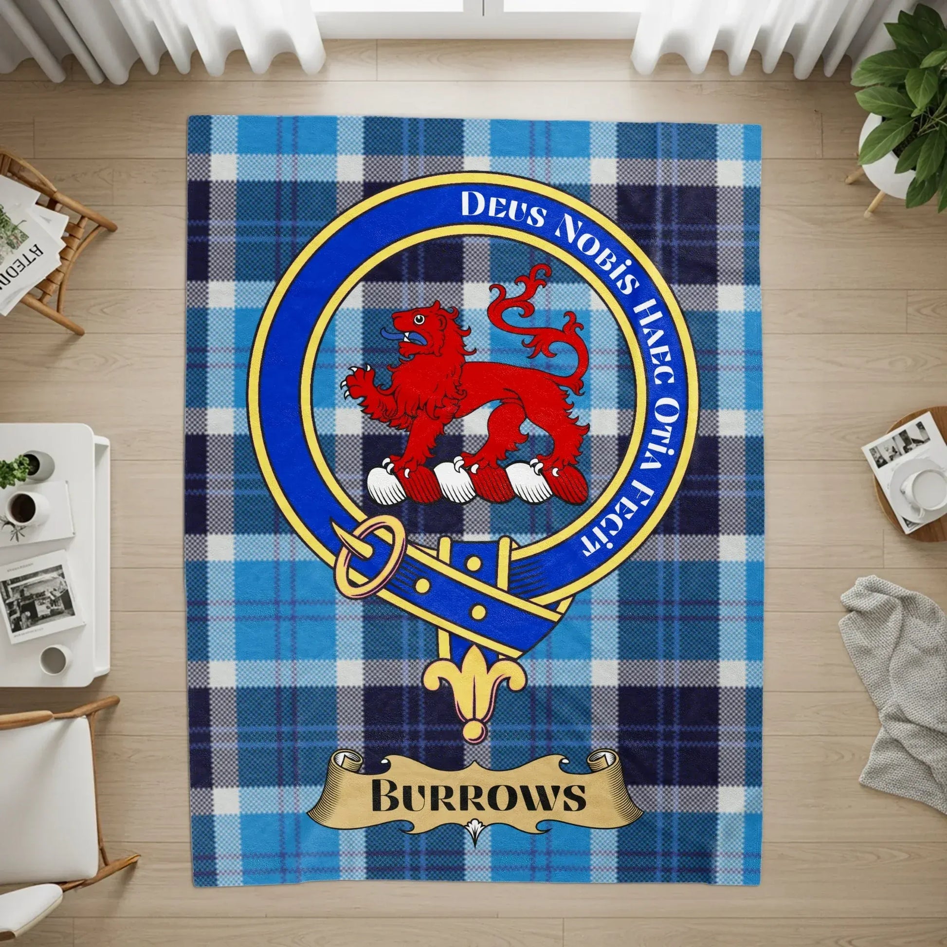 Heraldic Lion Emblem on Blue Tartan Rug product type