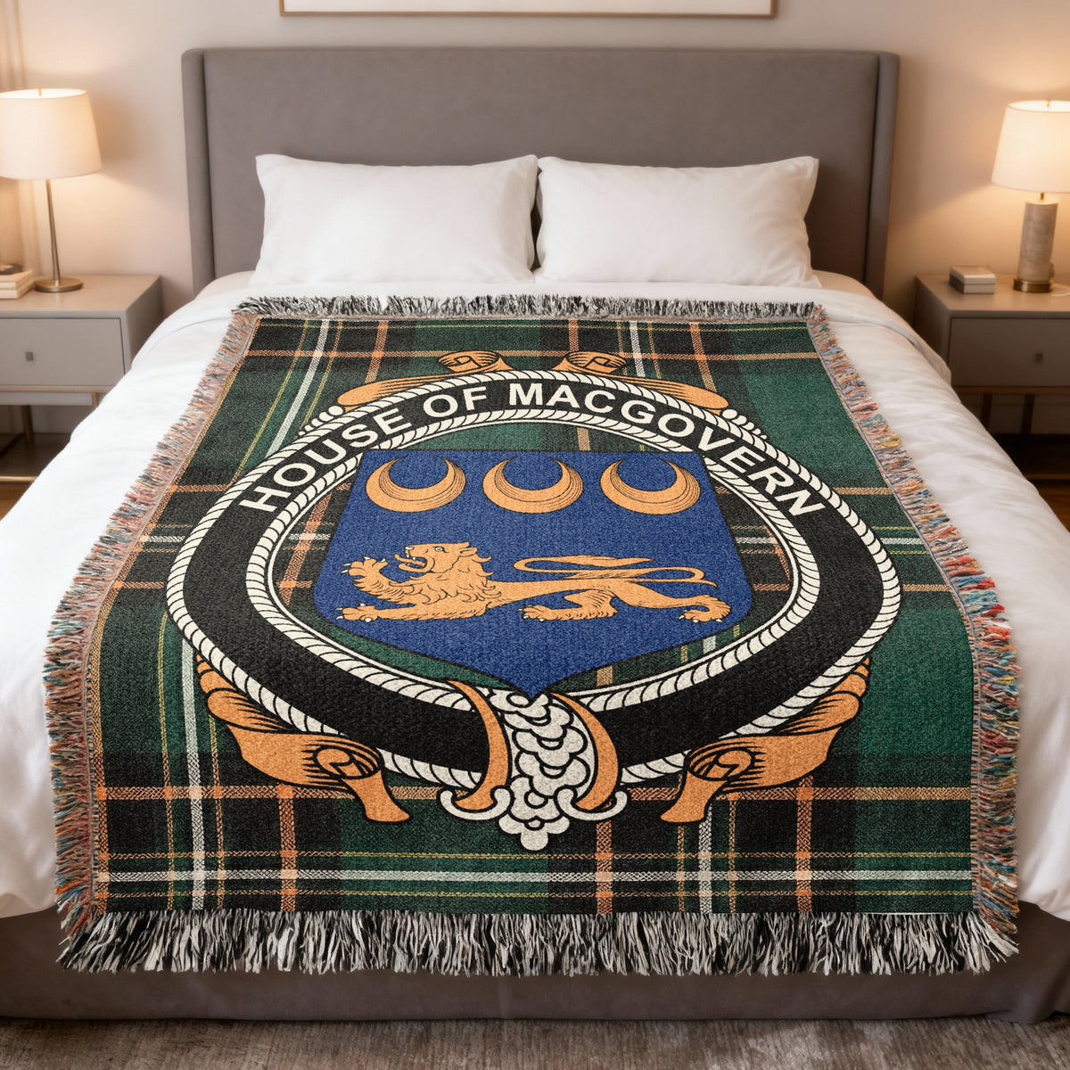 MacGovern Irish National Tartan woven blanket with family crest emblem