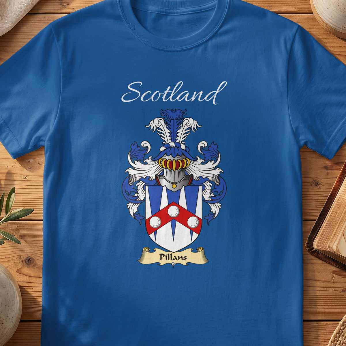 Royal blue Pillans unisex heritage T-shirt with the family shield and surname design.