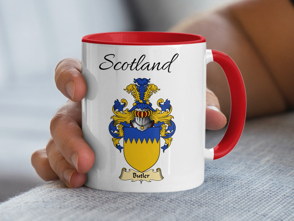 Red-accent Butler Scottish surname mug with matching handle and interior and coat of arms artwork beneath “Scotland”.