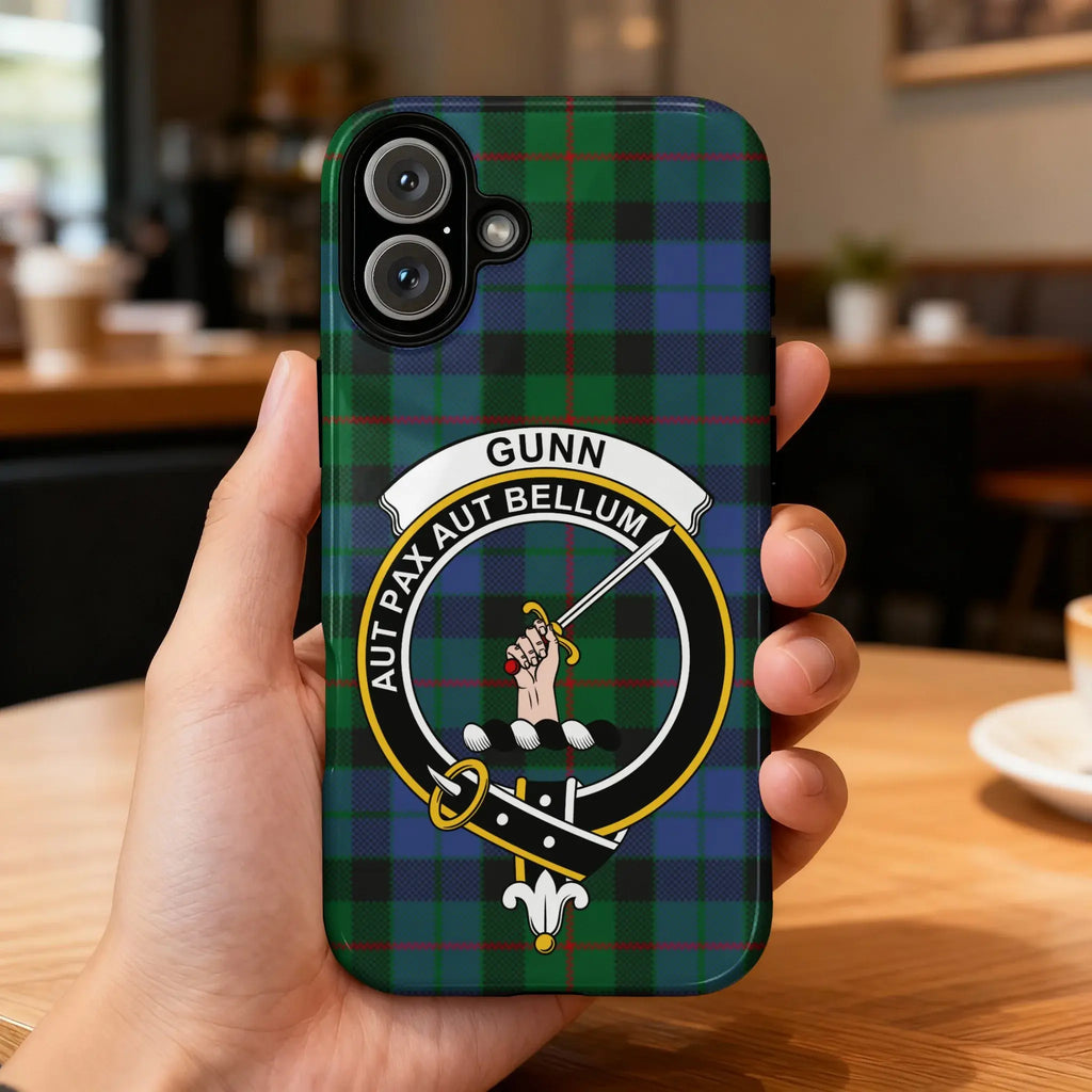 Gunn clan crest tartan phone case — edge-to-edge plaid design with Aut Pax Aut Bellum motto
