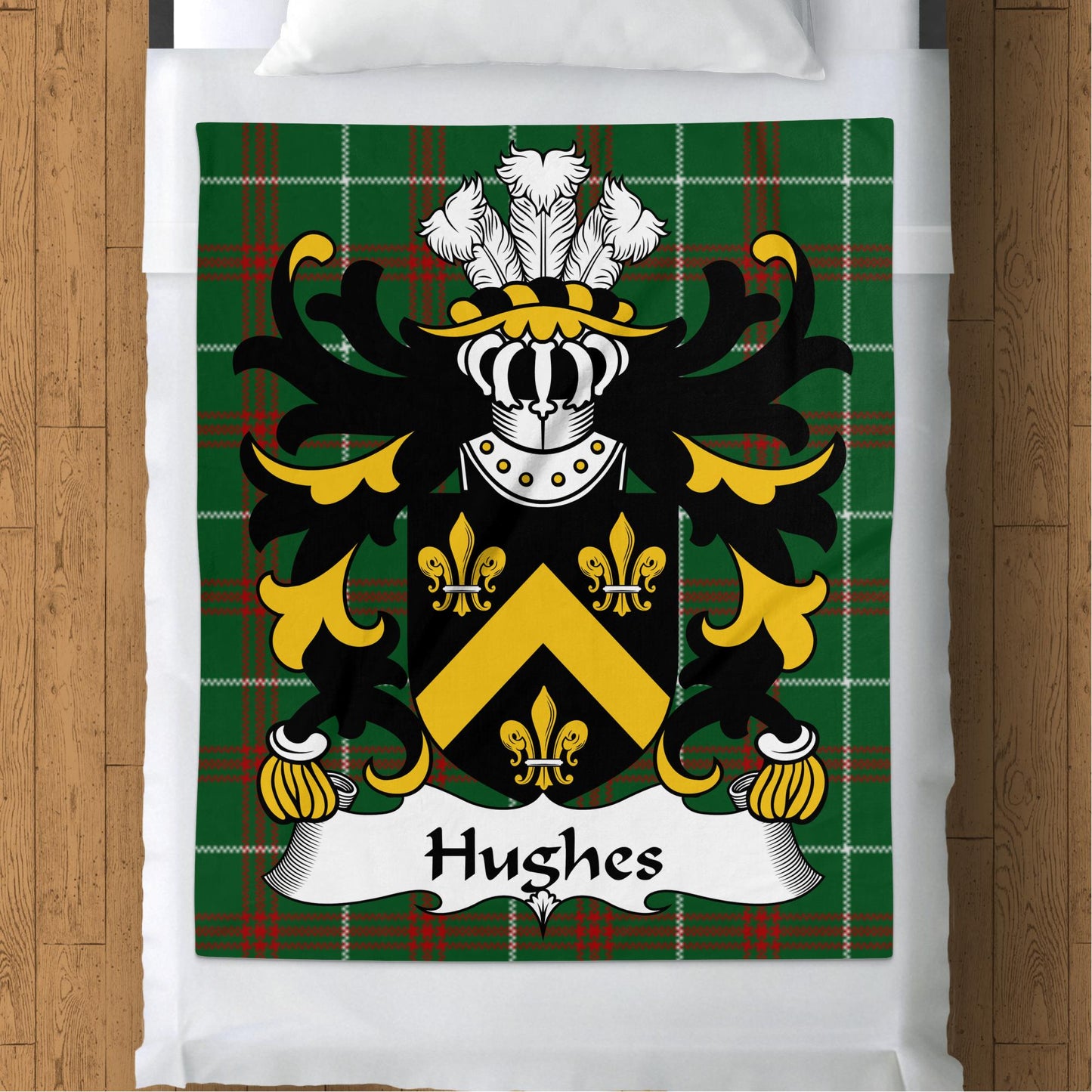 Hughes Welsh Surname Coat of Arms Tartan Background Blanket - Living Stone Gifts