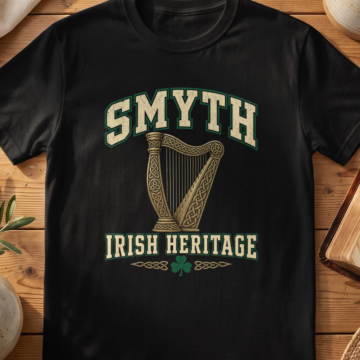 Smyth Irish Heritage black Gildan 64000 T-shirt with Celtic harp design