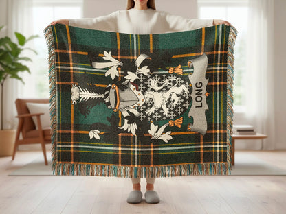 Tartan blanket with crest featuring "LONG" in gold lettering.