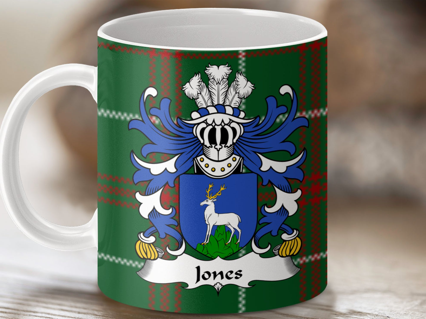 Jones Family Crest on Tartan Background Mug - Living Stone Gifts