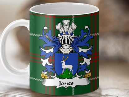 Jones Family Crest on Tartan Background Mug - Living Stone Gifts