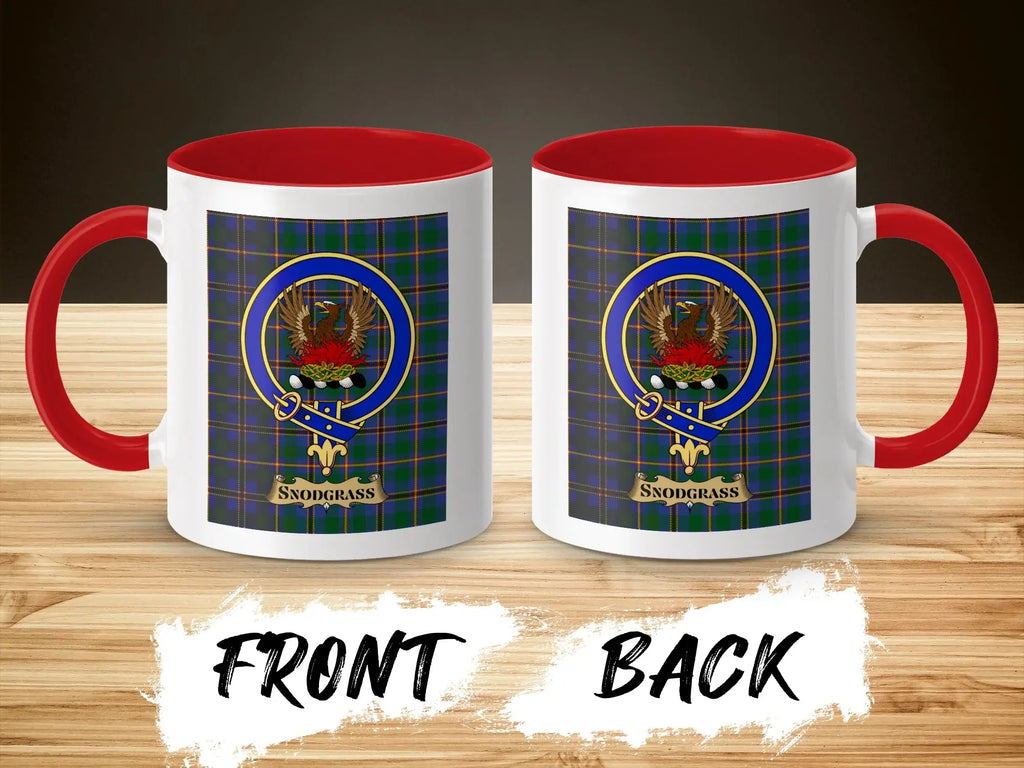 Snodgrass tartan-background crest mug shown as a Scottish heritage gift