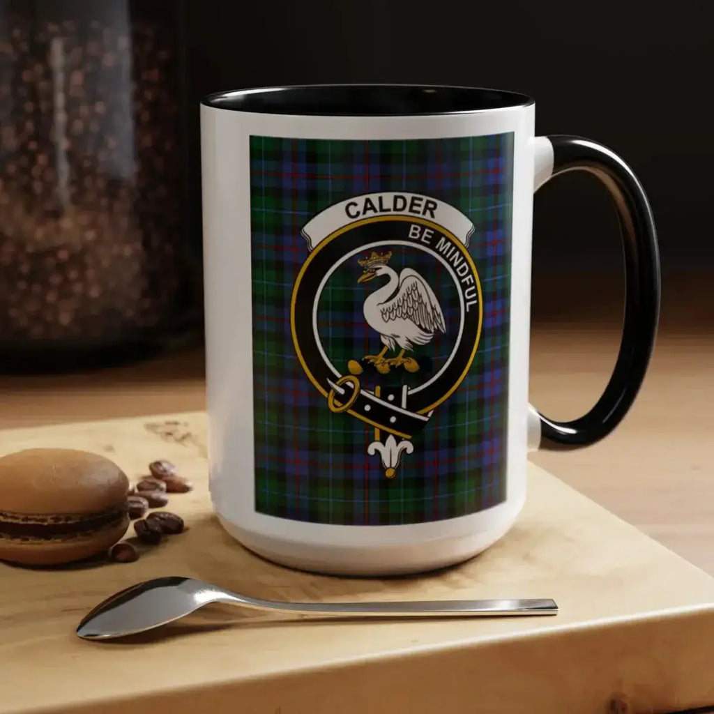 Calder clan crest tartan accent mug — navy handle, 15 oz